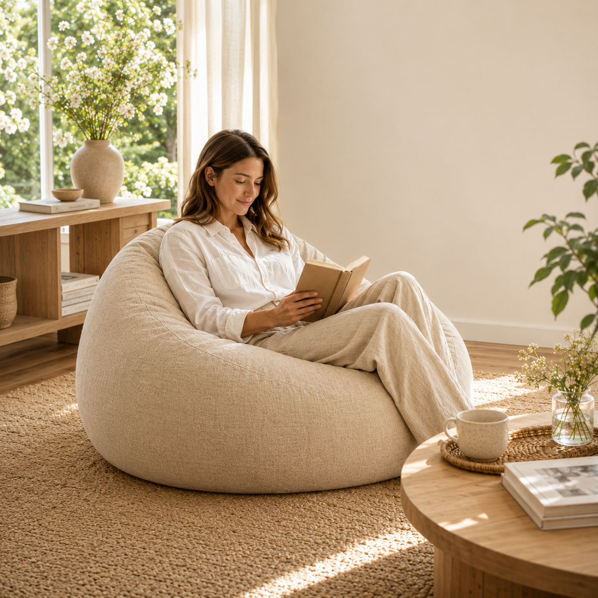 Pouf beige en lin et coton