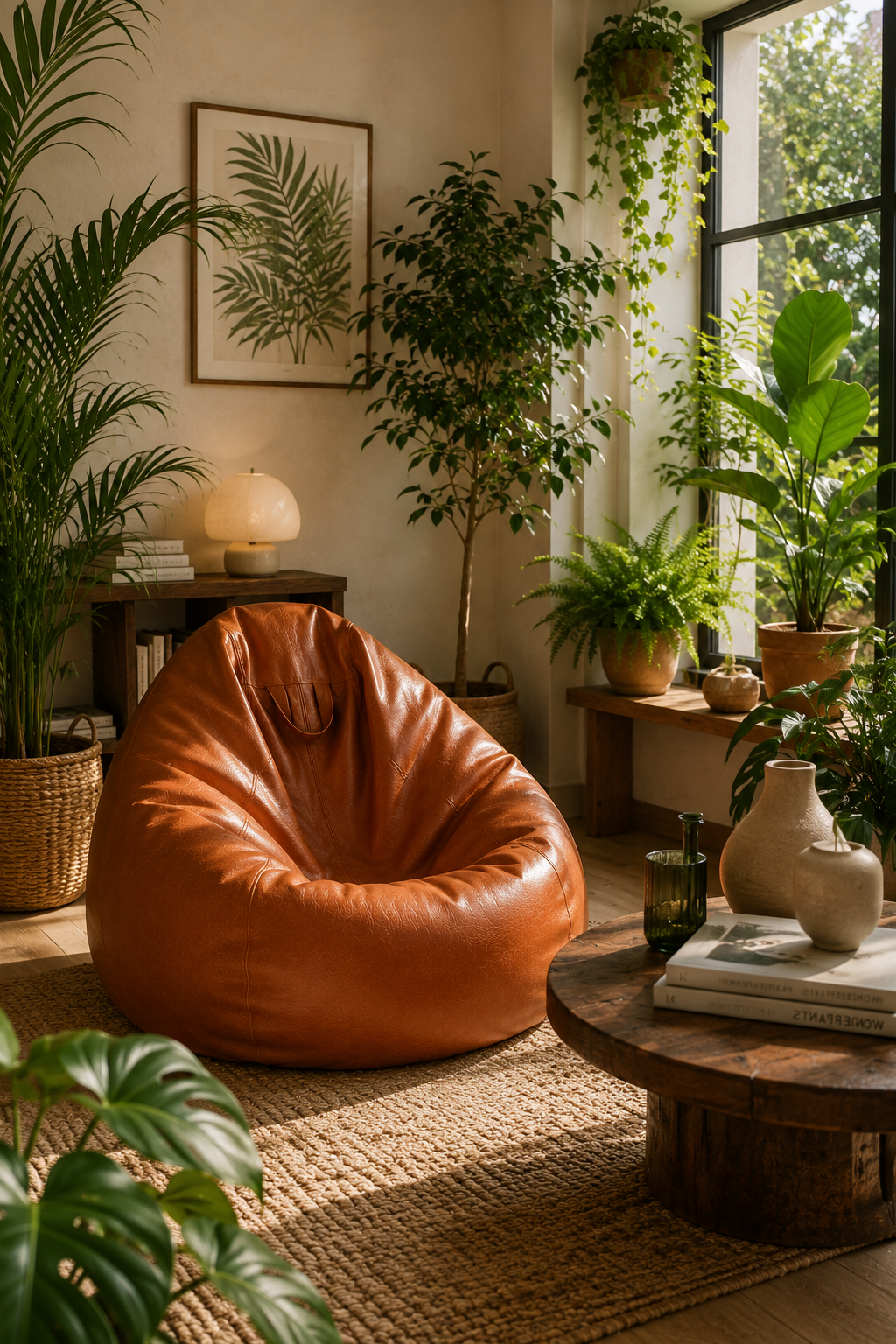Pouf de salon effet cuir cognac