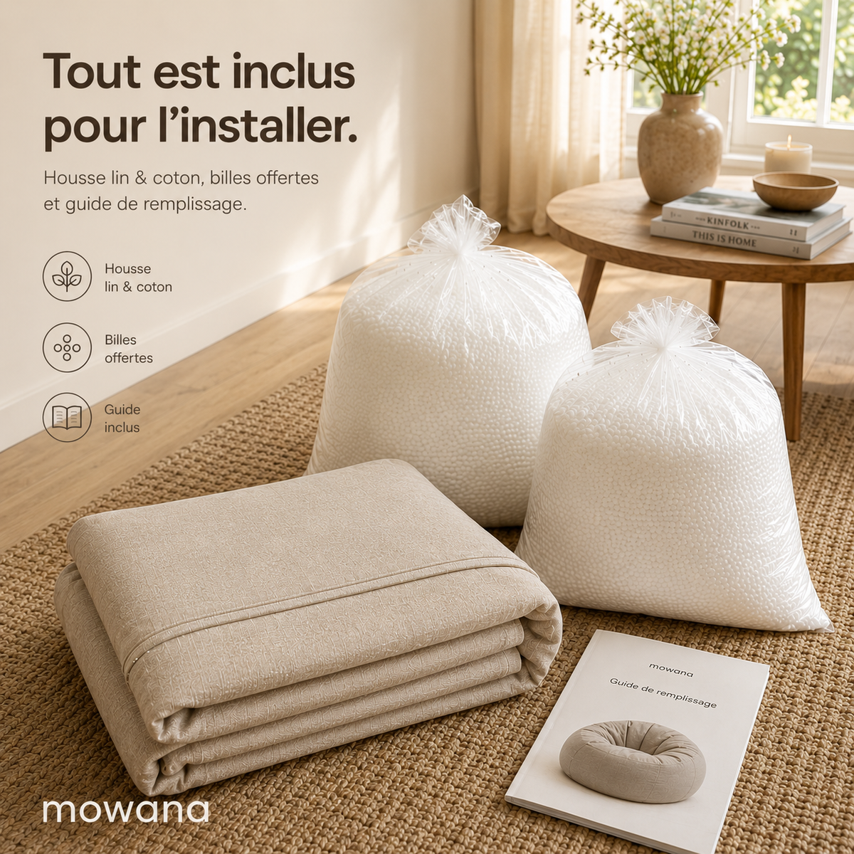 Pouf beige en lin et coton