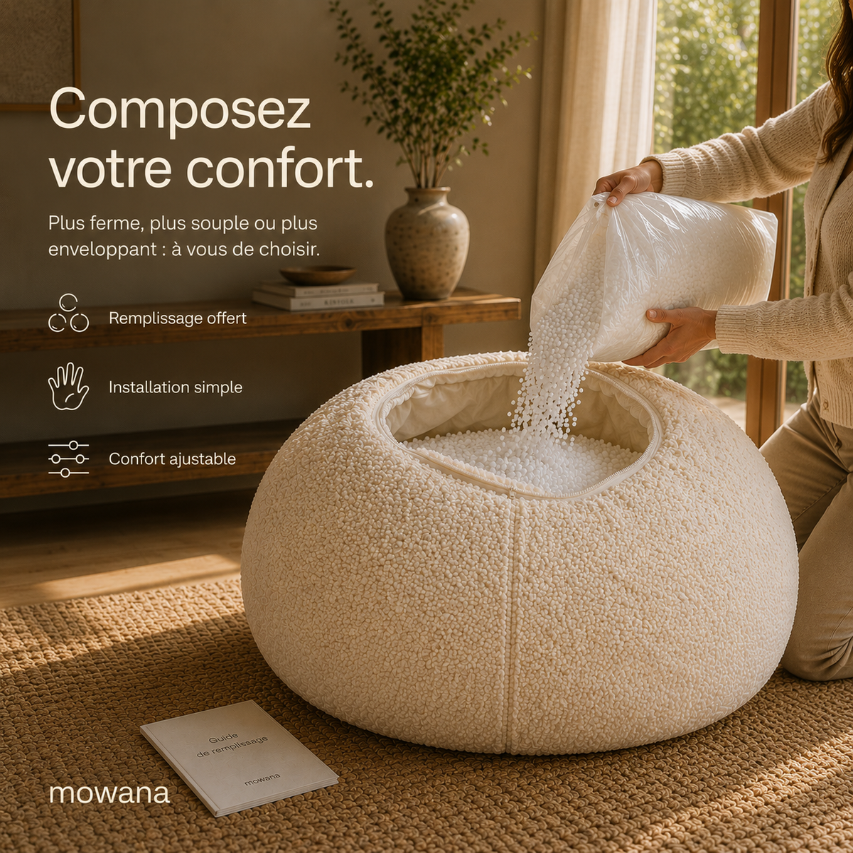 Pouf de salon bouclé écru — Confort personnalisé