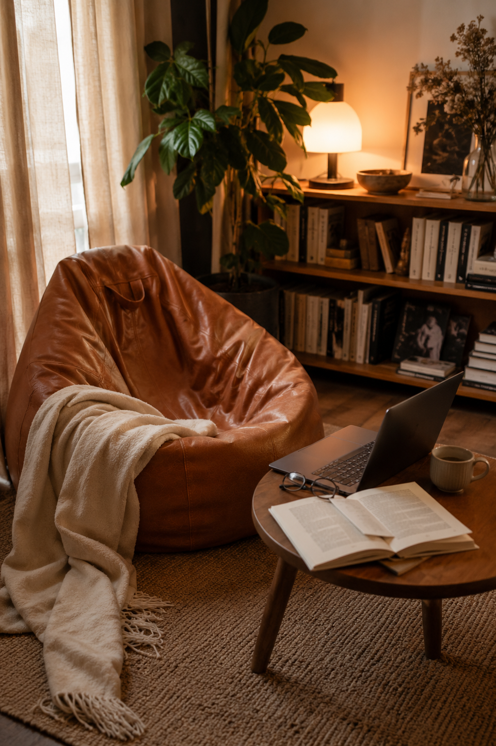Pouf de salon effet cuir cognac