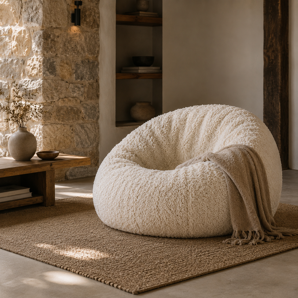 Pouf de salon bouclé écru — Confort personnalisé