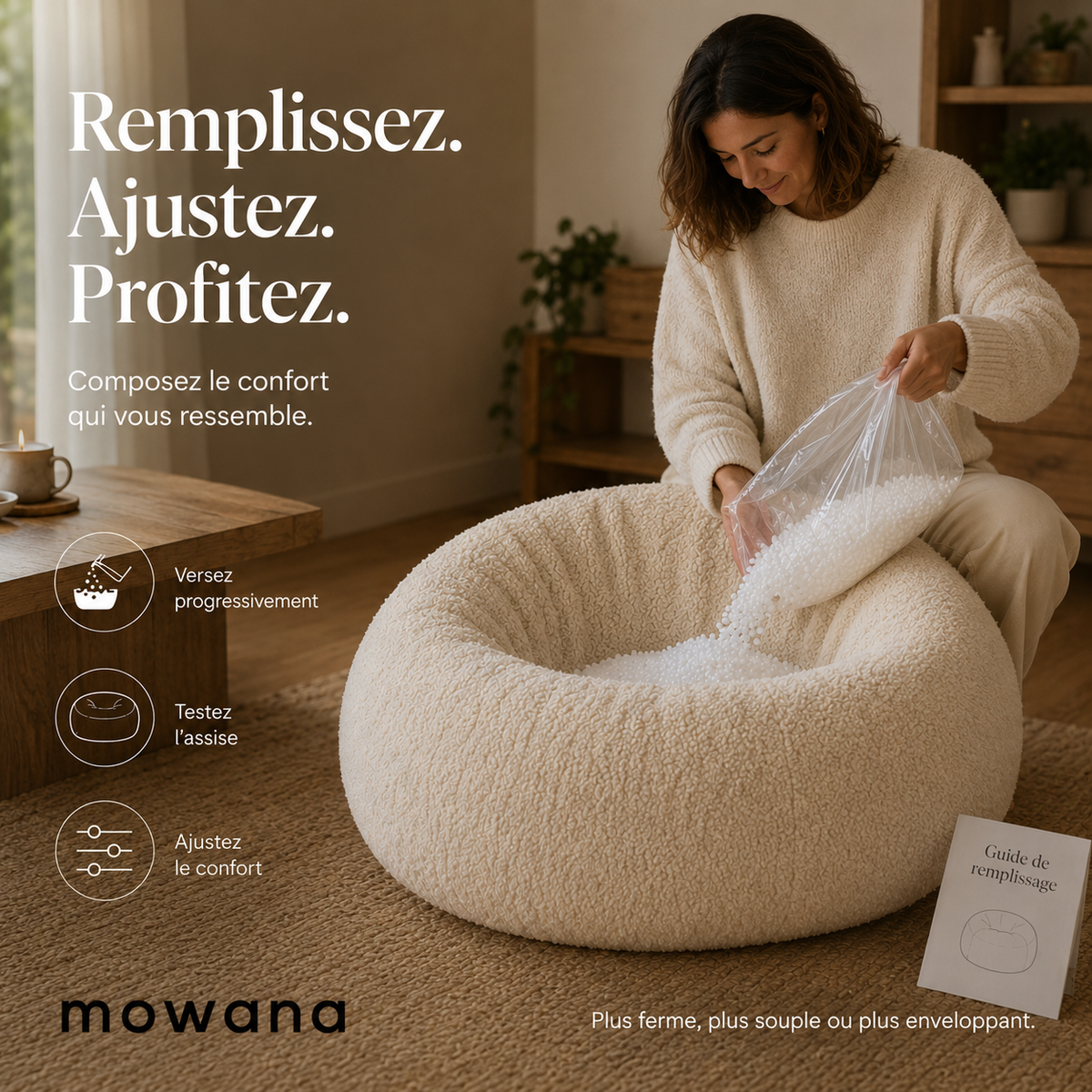 Pouf de salon bouclé écru — Confort personnalisé
