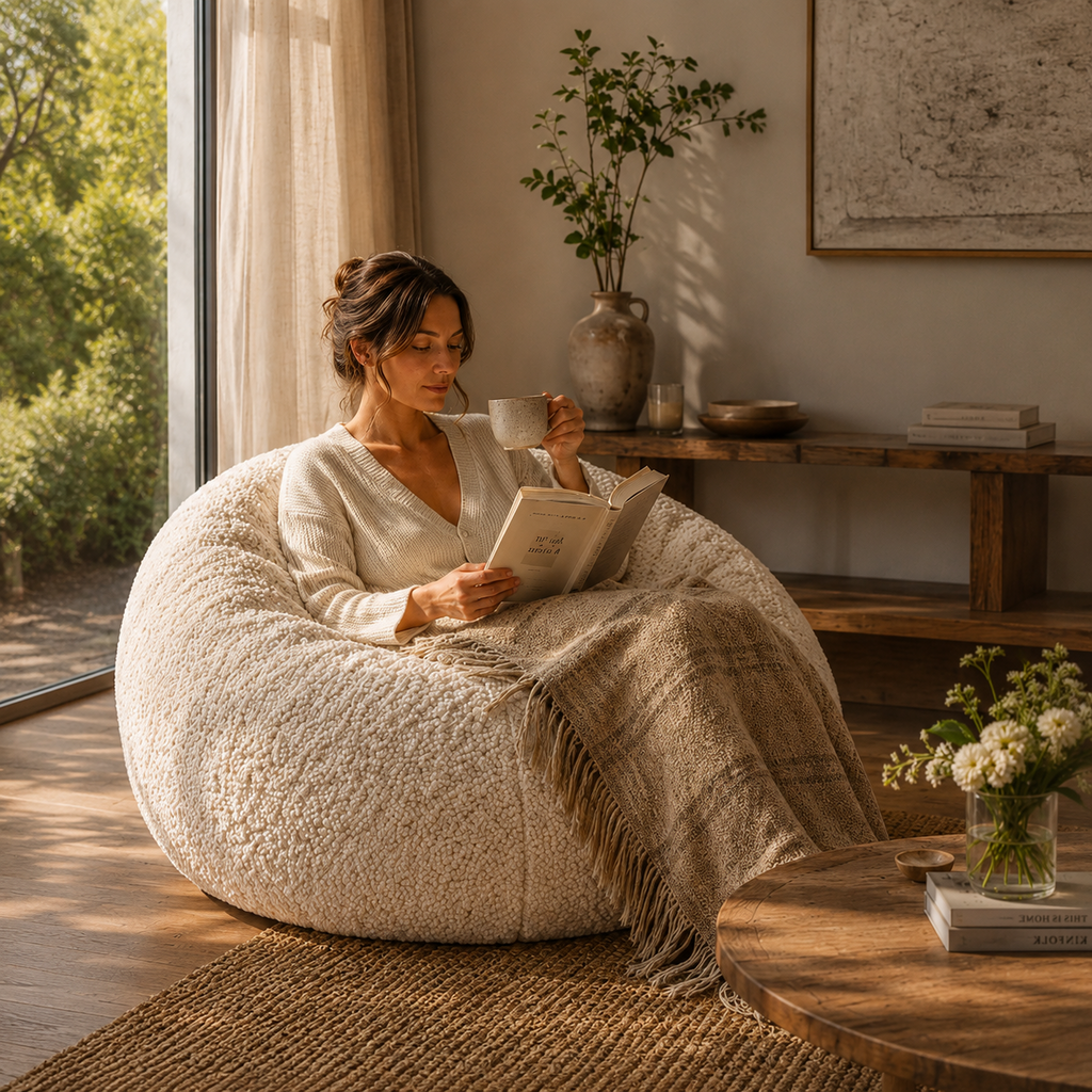 Pouf de salon bouclé écru — Confort personnalisé