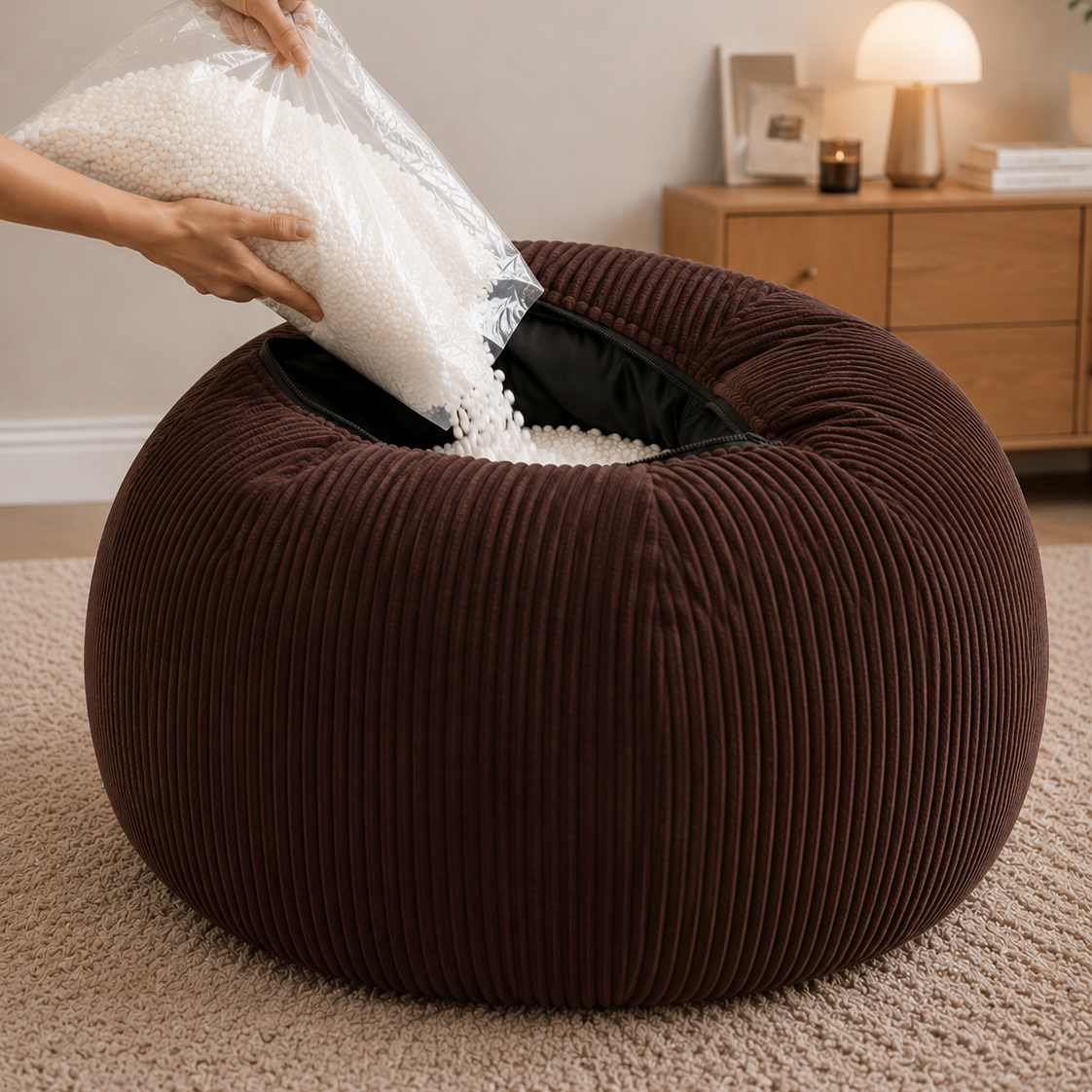 Ajustement du remplissage du pouf côtelé moka Mowana pour personnaliser le confort Image