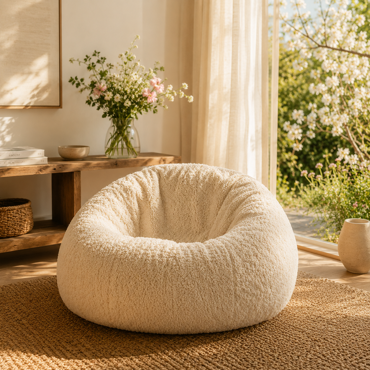 Coin salon lumineux et chaleureux après ajout du pouf Mowana avec espace vide près d’une baie vitrée