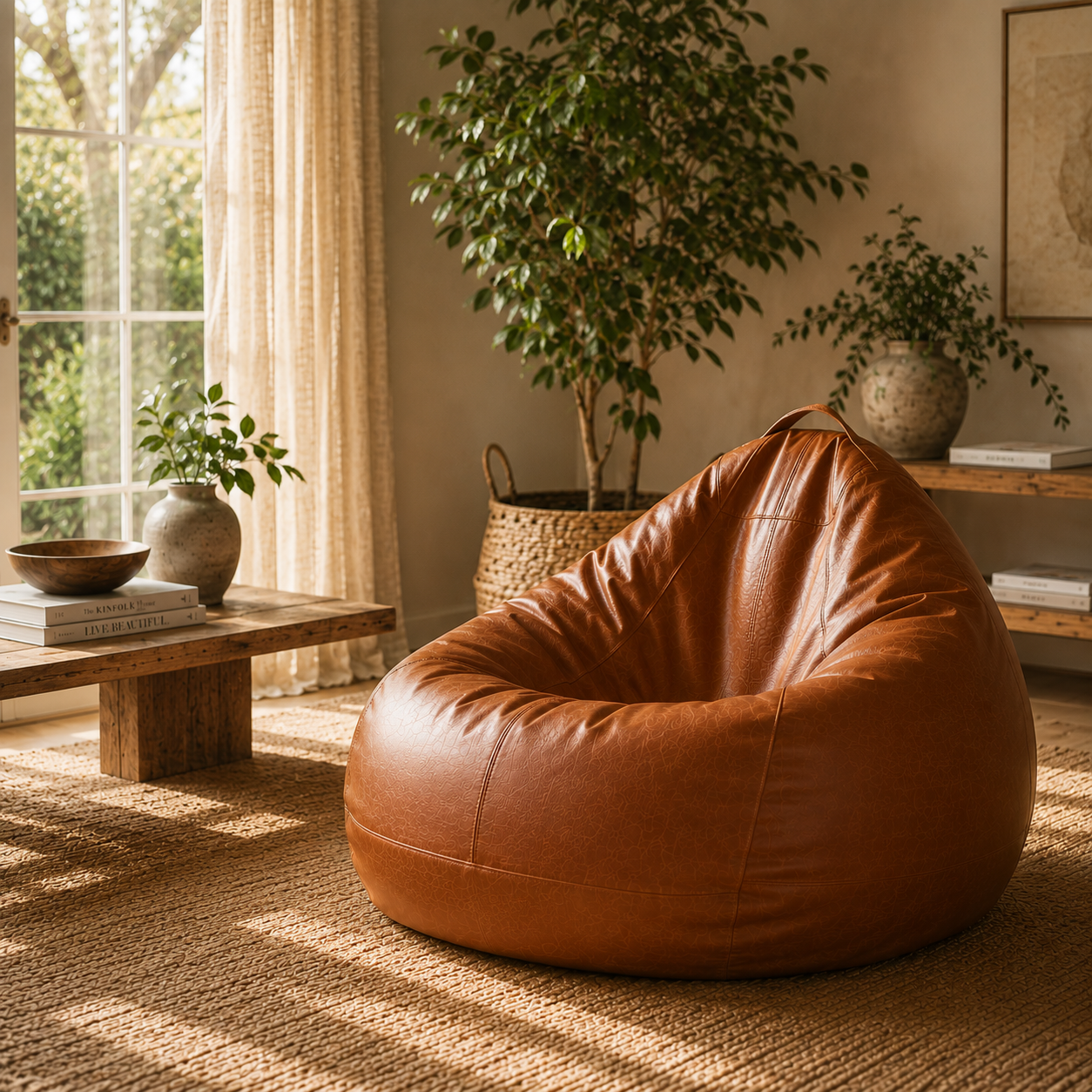 Pouf lounge cognac Mowana installé dans un salon chaleureux et élégant