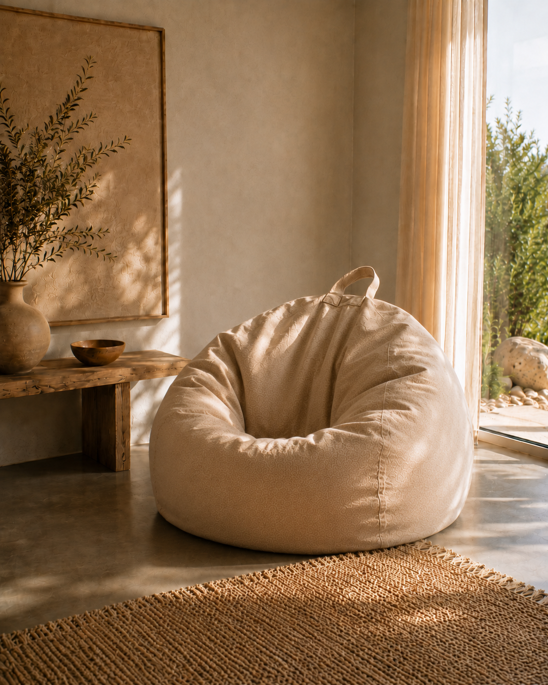 Coin salon transformé avec un pouf beige Mowana dans une ambiance chaleureuse et enveloppante