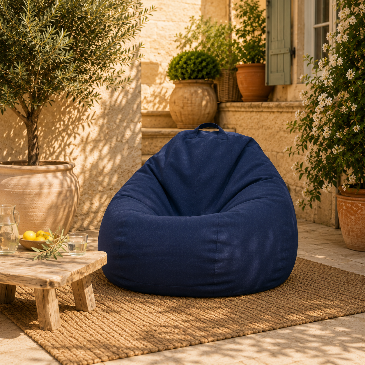 Pouf imperméable bleu Mowana installé sur une terrasse ensoleillée
