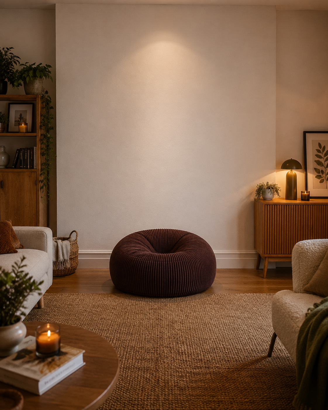Coin salon transformé avec le pouf Moka Mowana dans une ambiance cosy et enveloppante