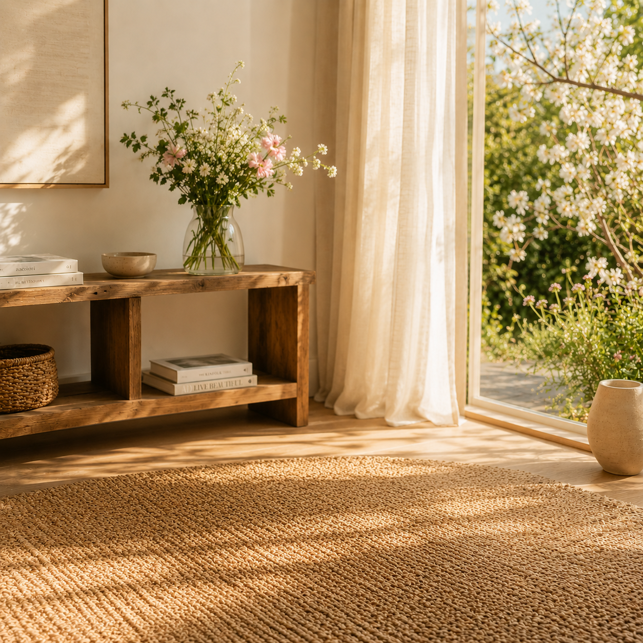 Coin salon lumineux et chaleureux avant ajout du pouf Mowana avec espace vide près d’une baie vitrée