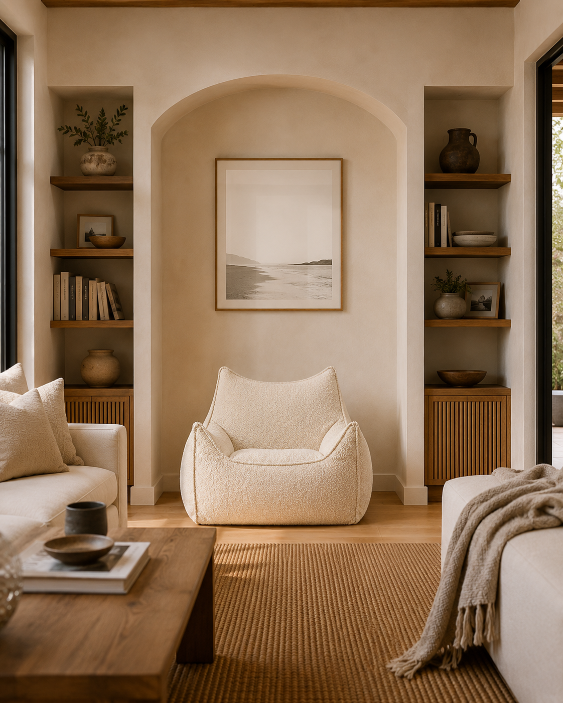 Coin détente chaleureux avec fauteuil pouf sable Mowana installé dans le salon