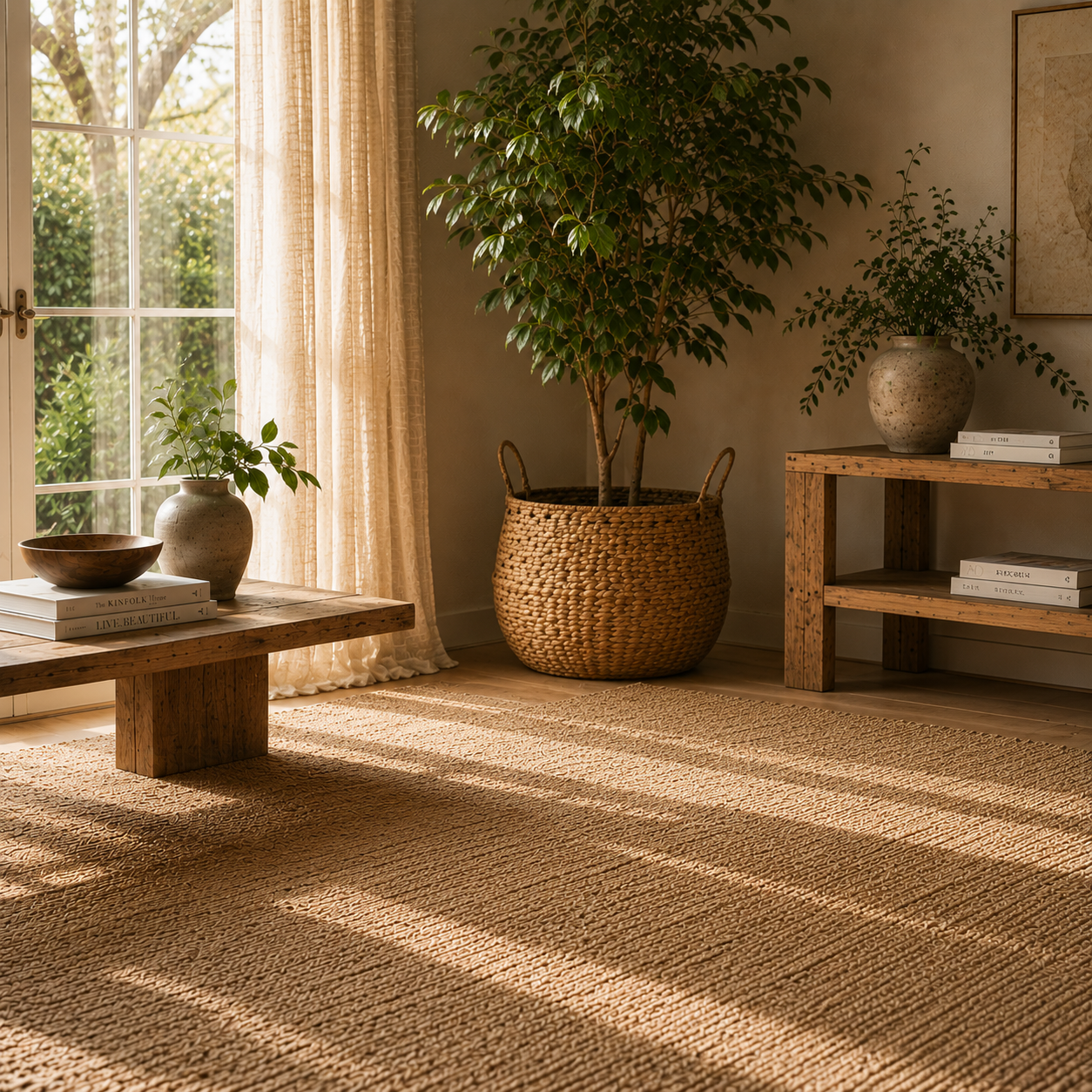 Coin salon lumineux avant installation du pouf lounge cognac Mowana