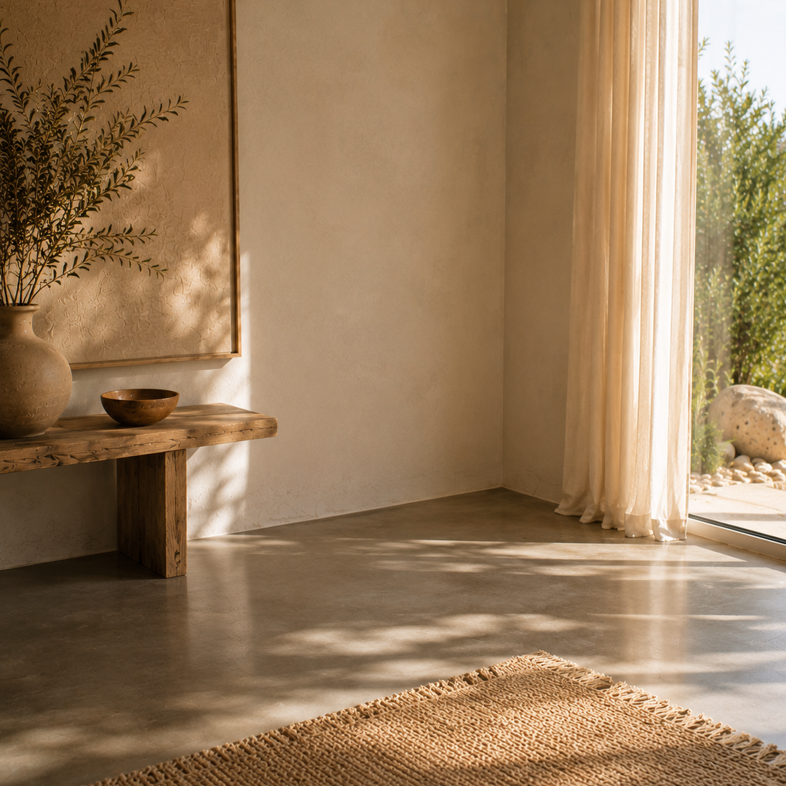 Coin salon lumineux et minimaliste avant l’ajout du pouf Mowana dans une ambiance cocooning