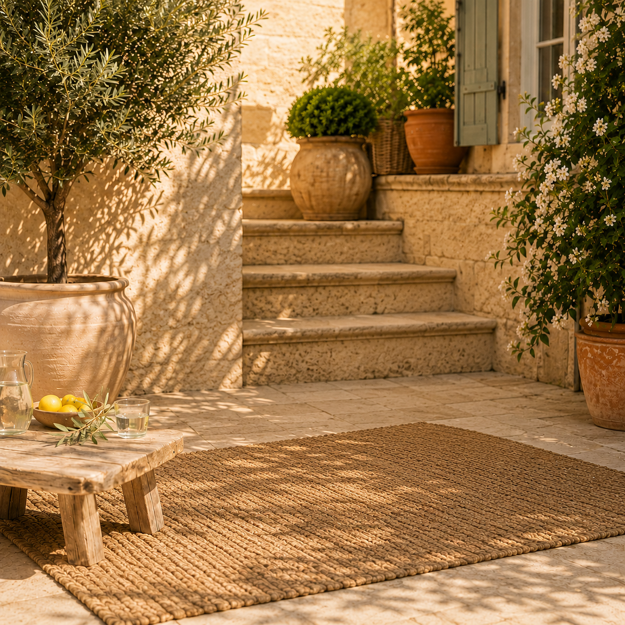 Terrasse extérieure avant installation du pouf imperméable bleu Mowana