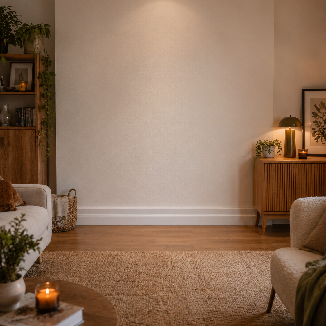 Coin salon vide avant l’ajout du pouf Moka Mowana dans une ambiance chaleureuse et tamisée