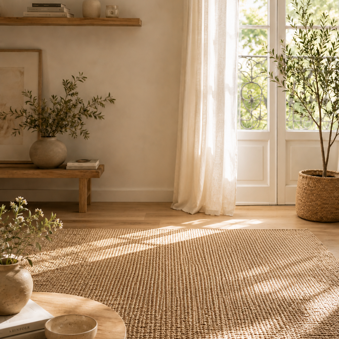 Coin salon lumineux avant installation du pouf velours nuage Mowana