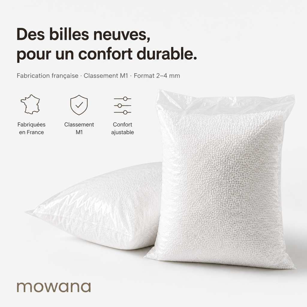 Sachets de billes de remplissage blanches Mowana pour pouf, neuves et propres, présentées sur fond neutre premium avec confort ajustable.