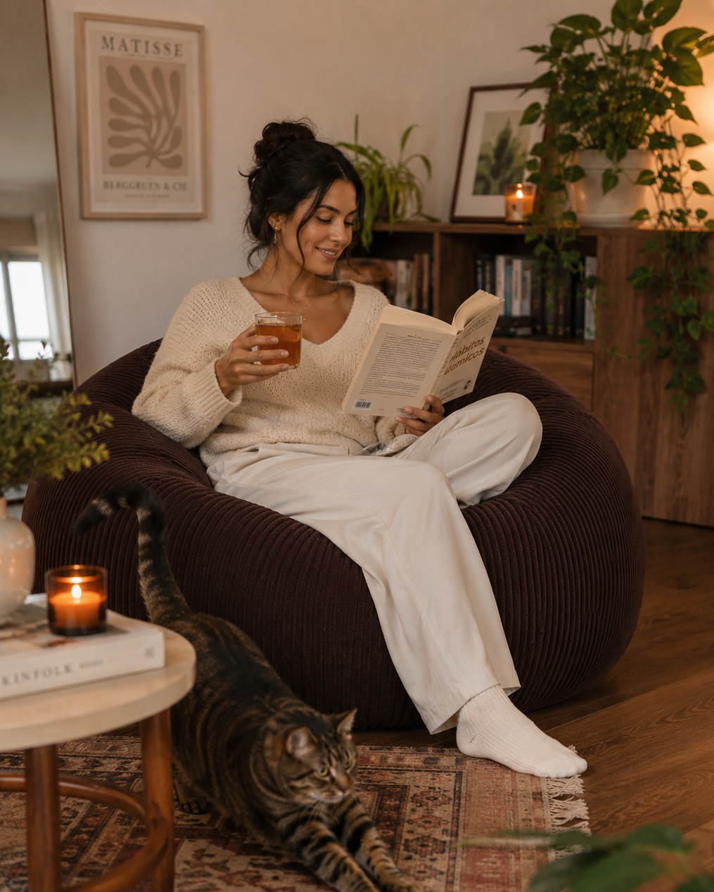 Femme lisant dans un pouf velours brun Mowana avec un chat dans un salon chaleureux et cocooning Image