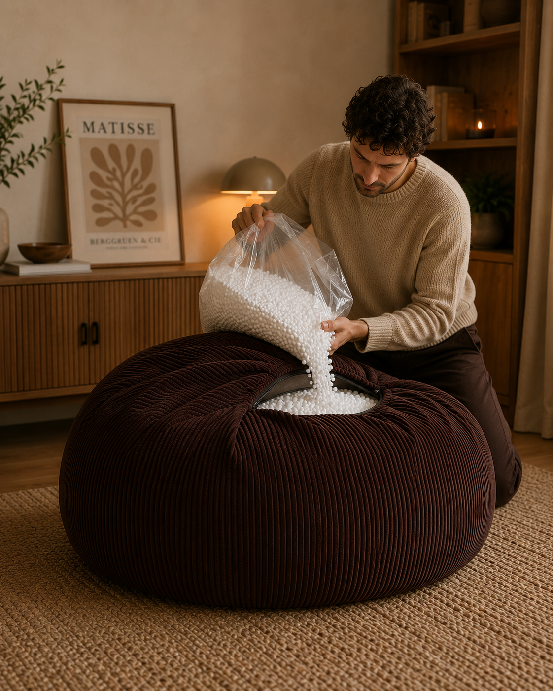 Homme ajustant le remplissage du pouf côtelé moka Mowana pour personnaliser le confort Image