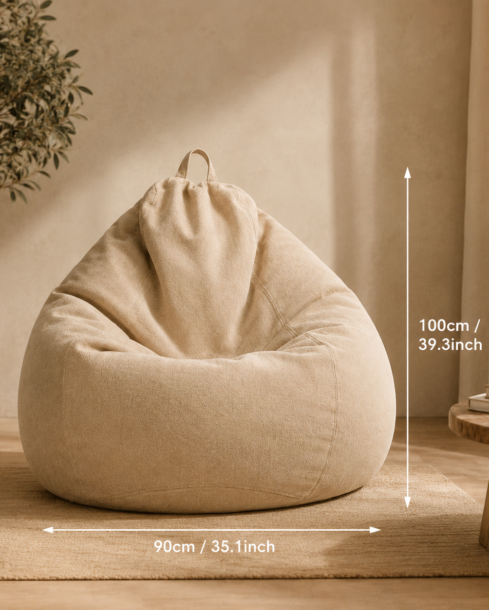 Dimensions du pouf beige Mowana en coton et lin avec format généreux de 90 cm Image