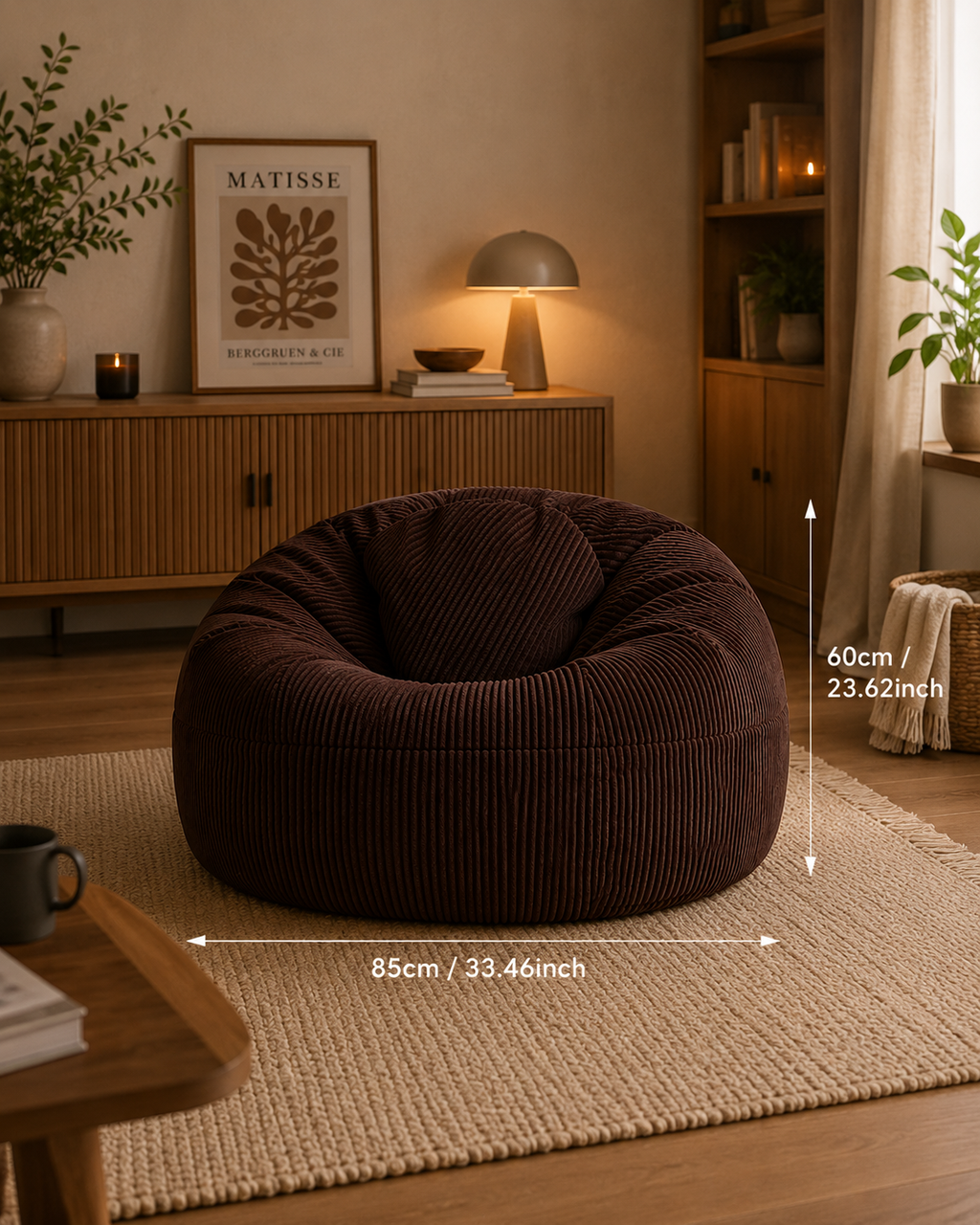 Dimensions du pouf côtelé moka Mowana avec format compact 85 cm de largeur et 60 cm de hauteur dans un salon cocooning