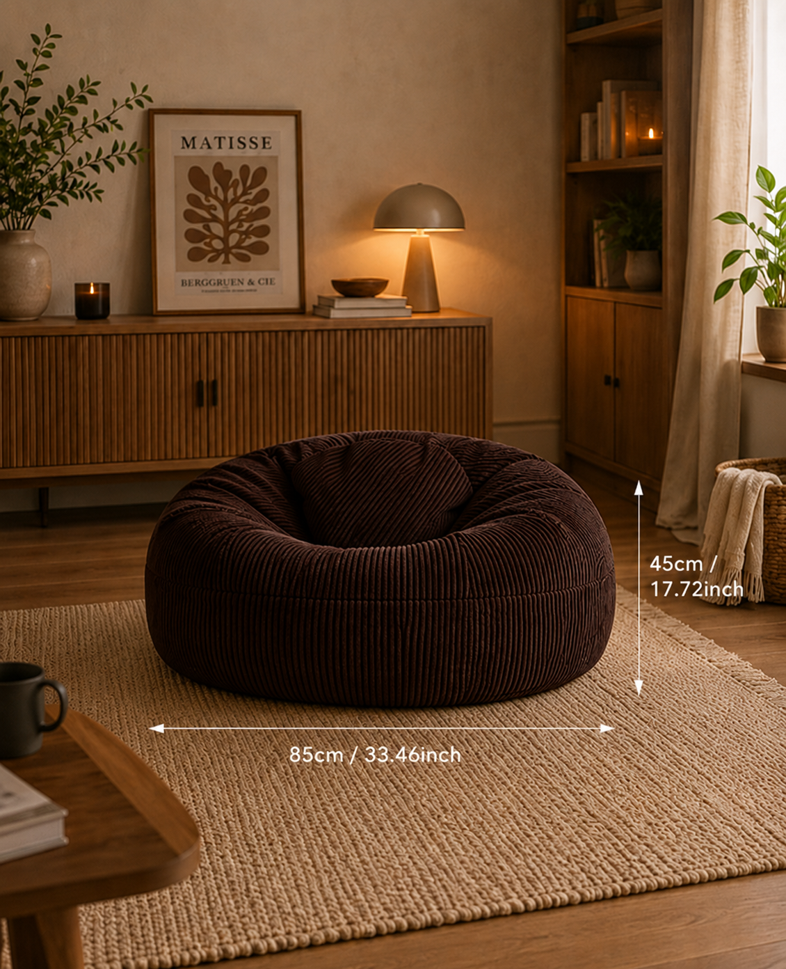 Dimensions du pouf côtelé moka Mowana avec format compact de 85 cm Image