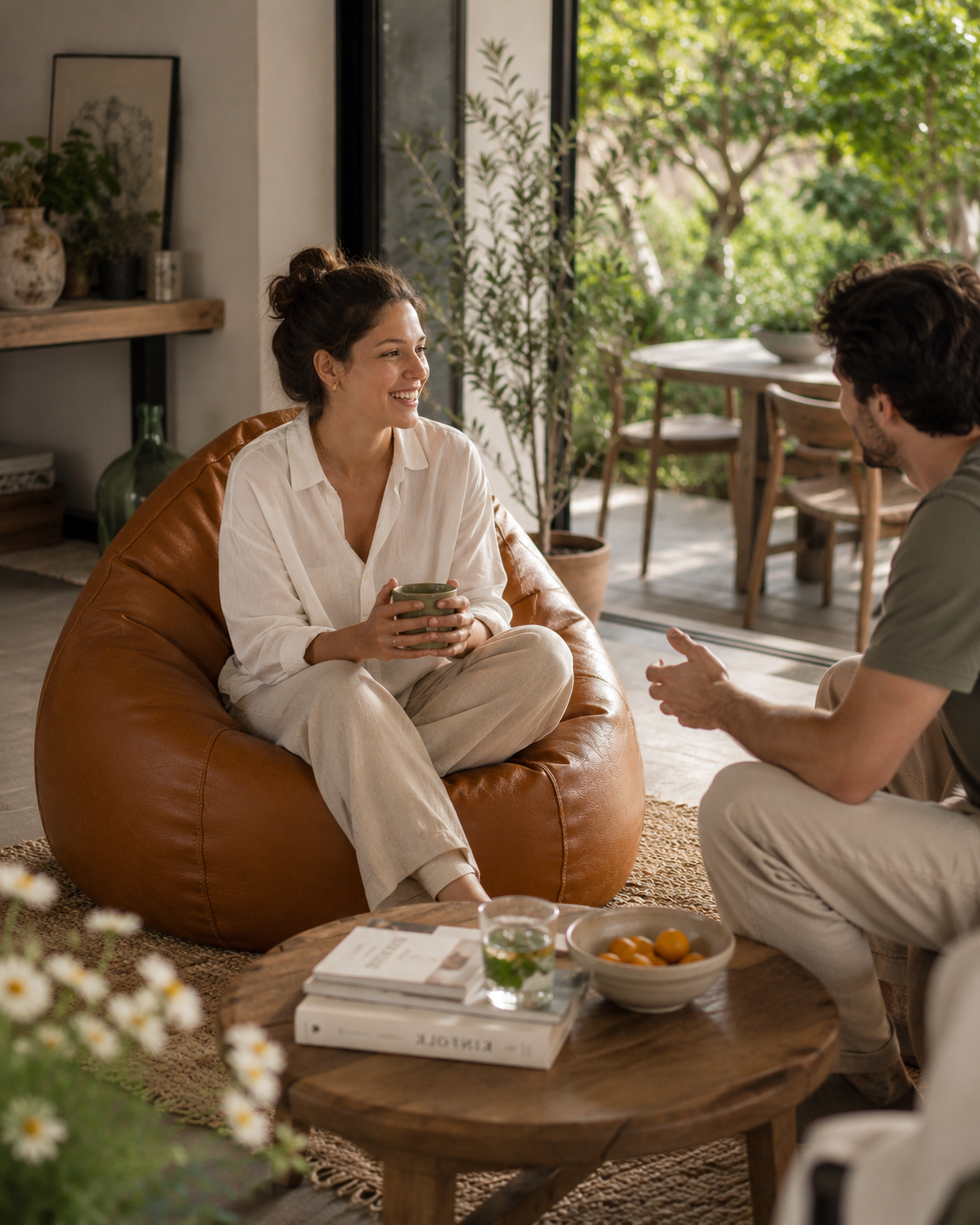 Femme assise sur un pouf en simili cuir cognac Mowana en train de discuter dans un salon lumineux ouvert sur le jardin