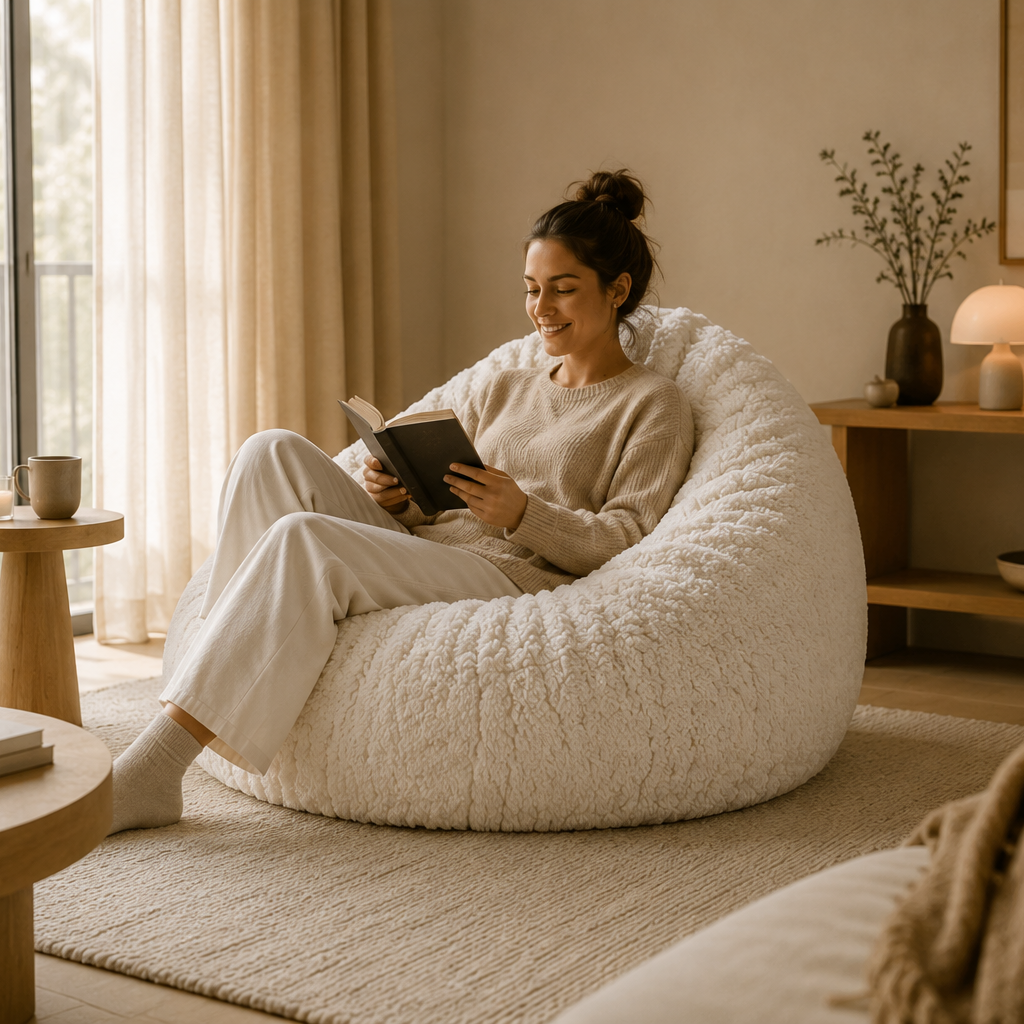 Femme installée dans un pouf Alba Mowana beige créant un espace détente personnel et cocooning Image