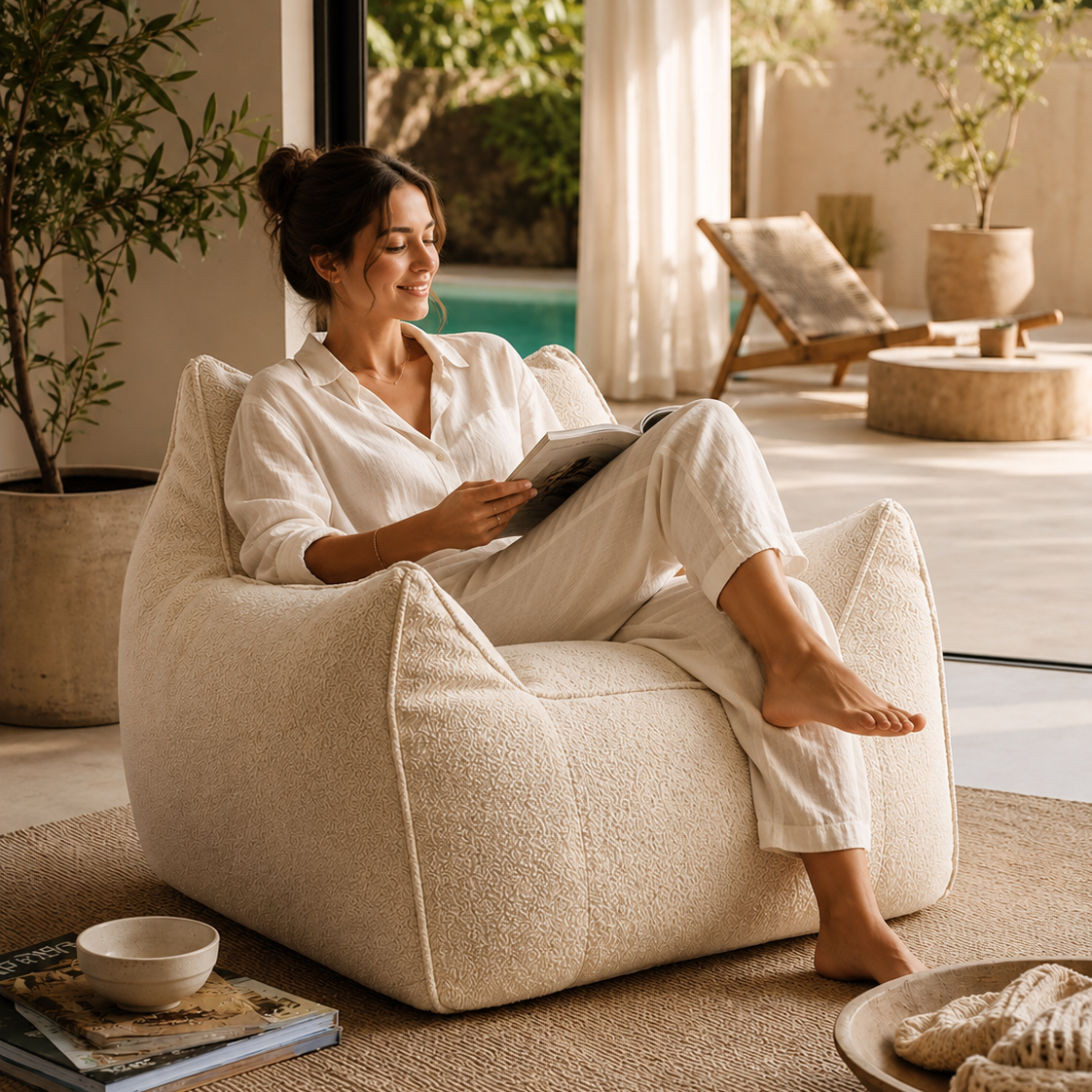 Fauteuil pouf sable Mowana installé dans un coin lecture cocooning et lumineux
