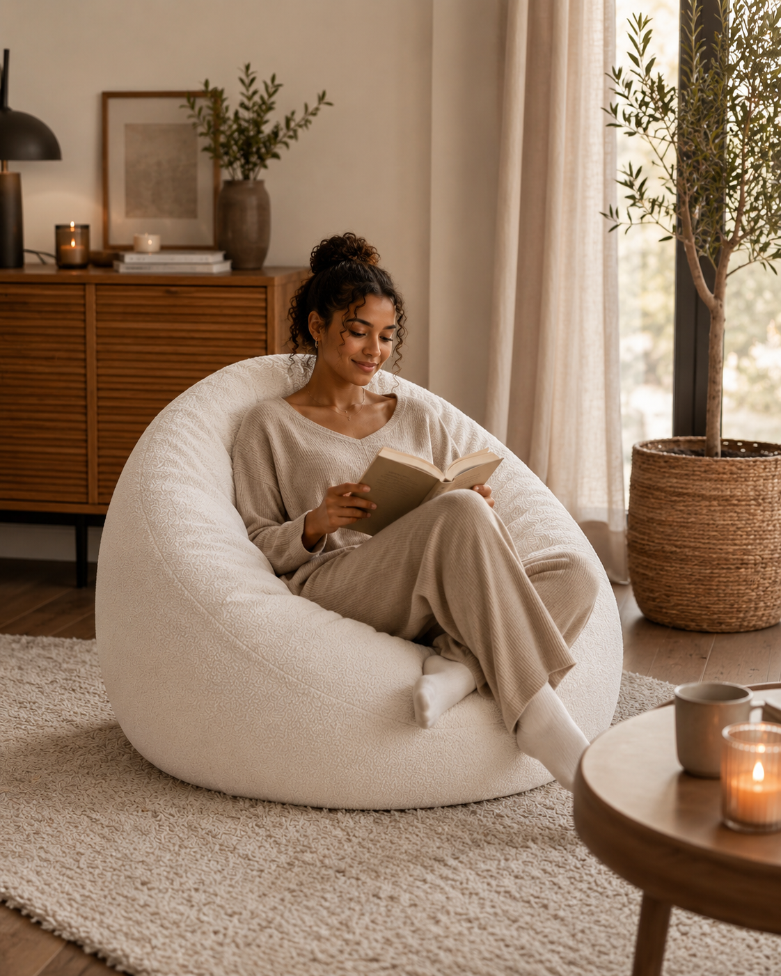 Femme lisant dans un pouf blanc bouclé Mowana dans un salon beige chaleureux avec ambiance cocooning et lumière naturelle