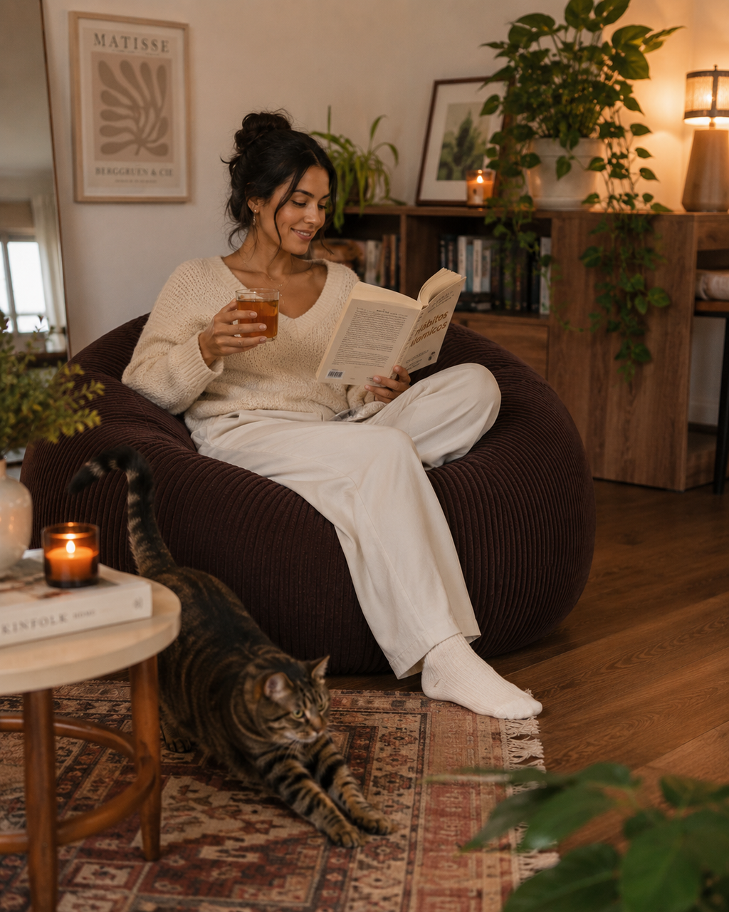 Femme lisant dans un pouf côtelé marron Mowana dans un salon chaleureux avec ambiance cocooning et chat au premier plan