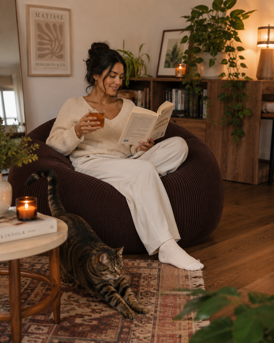 Femme lisant dans un pouf côtelé marron Mowana dans un salon chaleureux avec ambiance cocooning et chat au premier plan