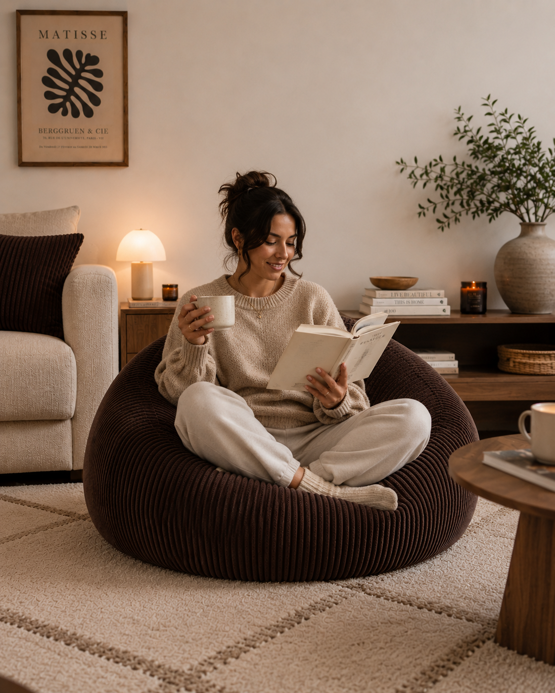 Femme lisant dans un pouf côtelé moka Mowana avec une tasse à la main dans un salon chaleureux et minimaliste