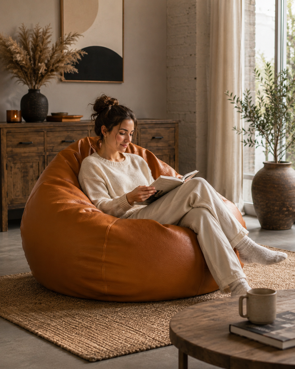 Femme lisant dans un pouf en simili cuir cognac Mowana dans un salon chaleureux au style naturel et contemporain