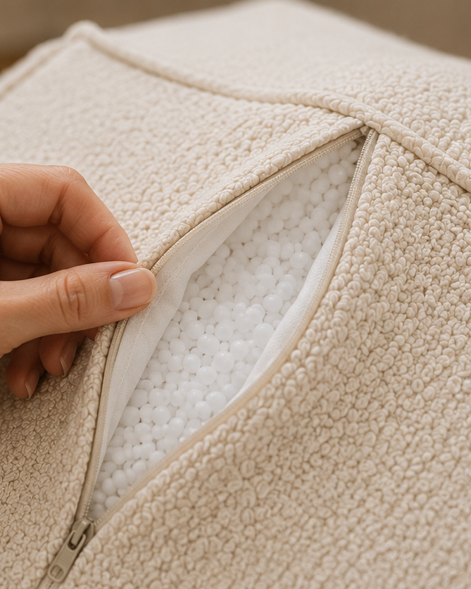 Fermeture zippée du fauteuil pouf sable Mowana avec remplissage modulable Image