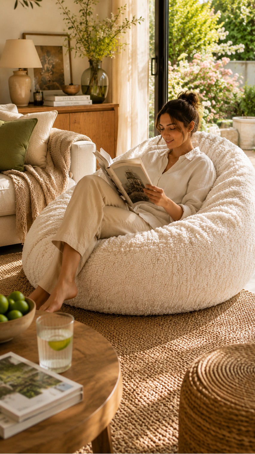 Femme lisant dans un grand pouf bouclé beige Mowana dans un salon lumineux et chaleureux avec baie vitrée