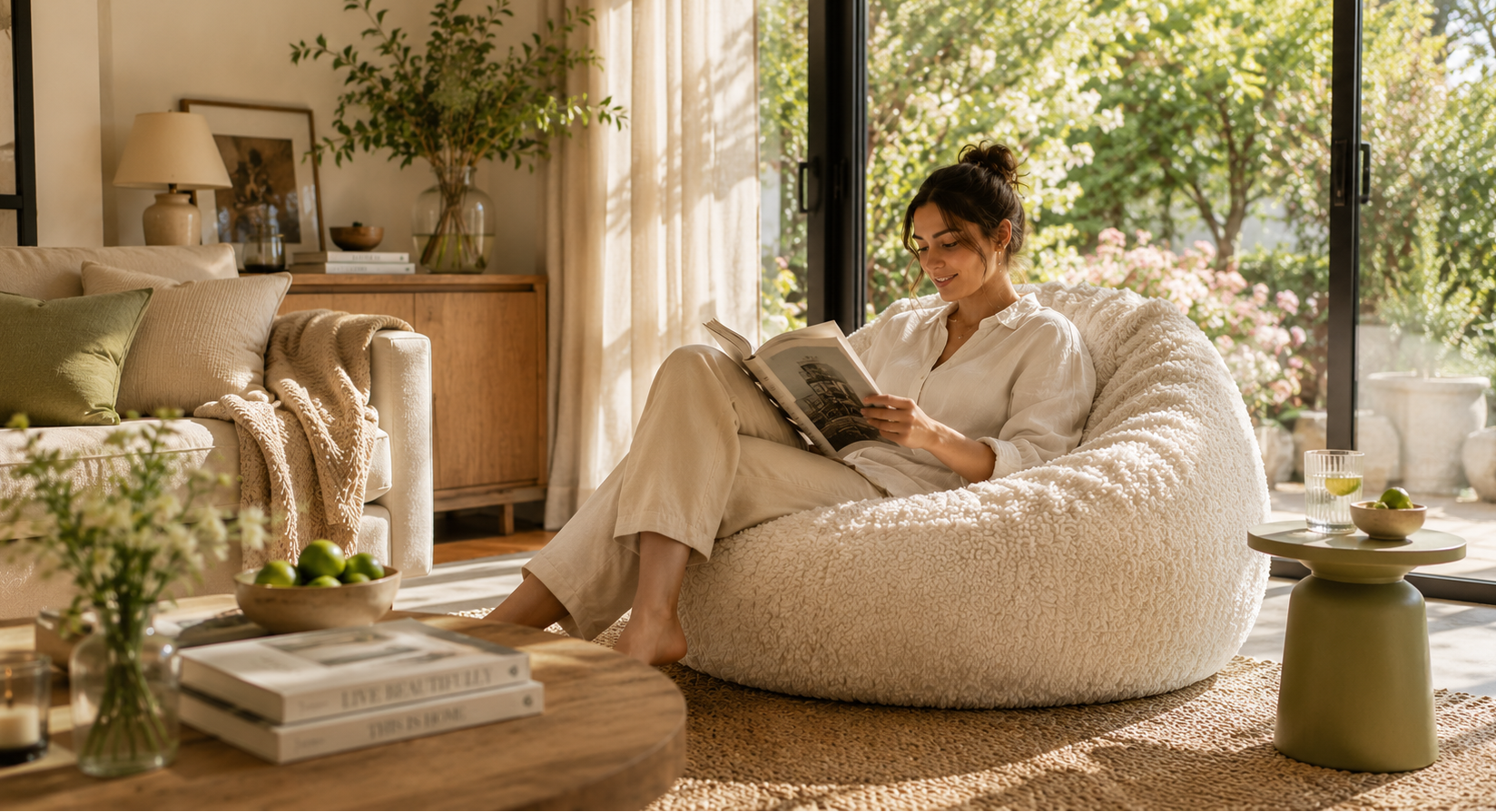Femme lisant dans un grand pouf bouclé beige Mowana dans un salon lumineux et chaleureux avec baie vitrée