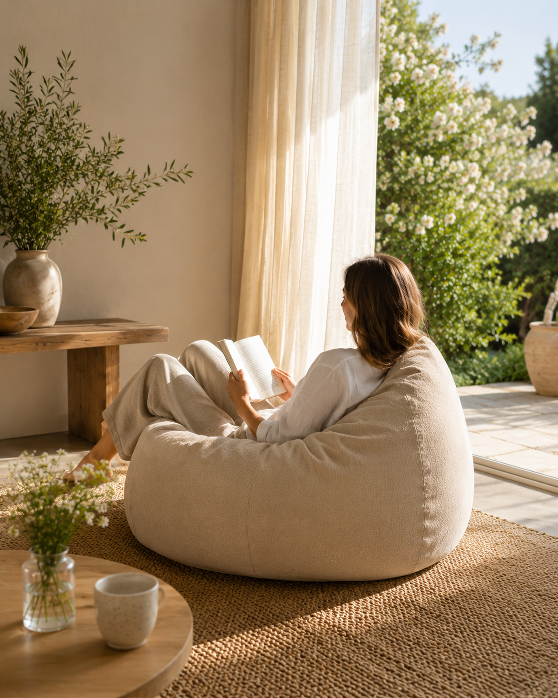 Femme lisant dans un pouf beige Mowana près d’une baie vitrée lumineuse dans un salon cocooning et apaisant Image
