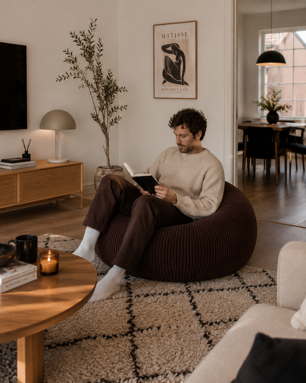 Homme lisant dans un pouf côtelé moka Mowana dans un salon moderne et chaleureux à l’ambiance cocooning