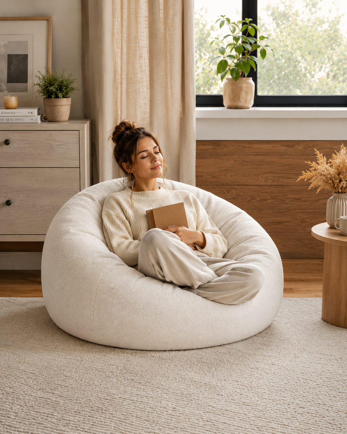 Femme détendue assise dans un pouf velours blanc Mowana dans un salon lumineux et apaisant