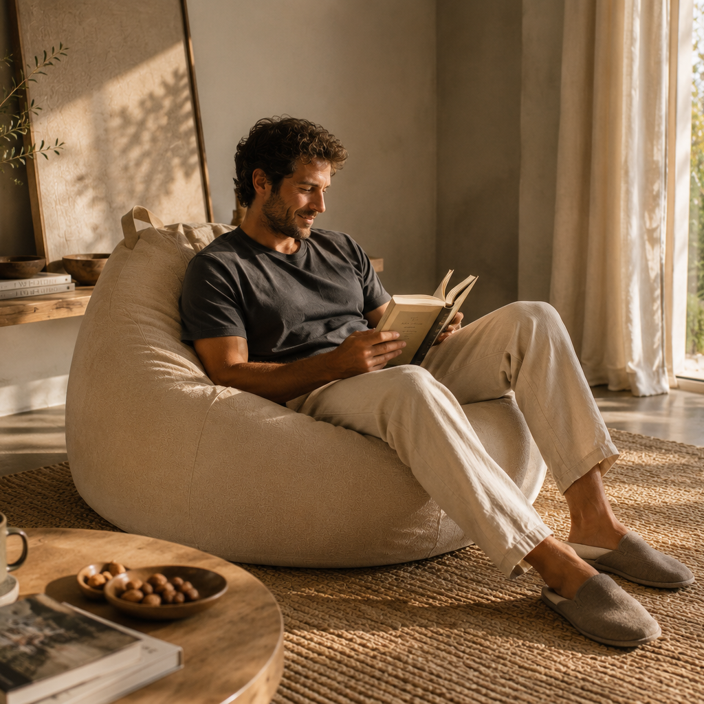 Homme installé confortablement dans un pouf beige Mowana dans un salon lumineux et chaleureux Image