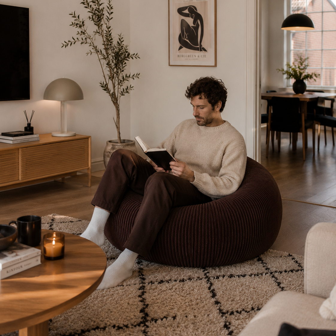 Homme installé dans un pouf côtelé moka Mowana dans un salon cosy et chaleureux Image