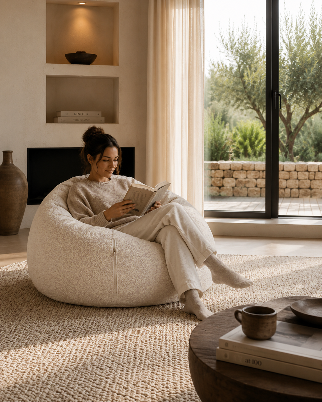 Femme lisant dans un pouf velours blanc Mowana dans un salon chaleureux avec vue sur un jardin méditerranéen