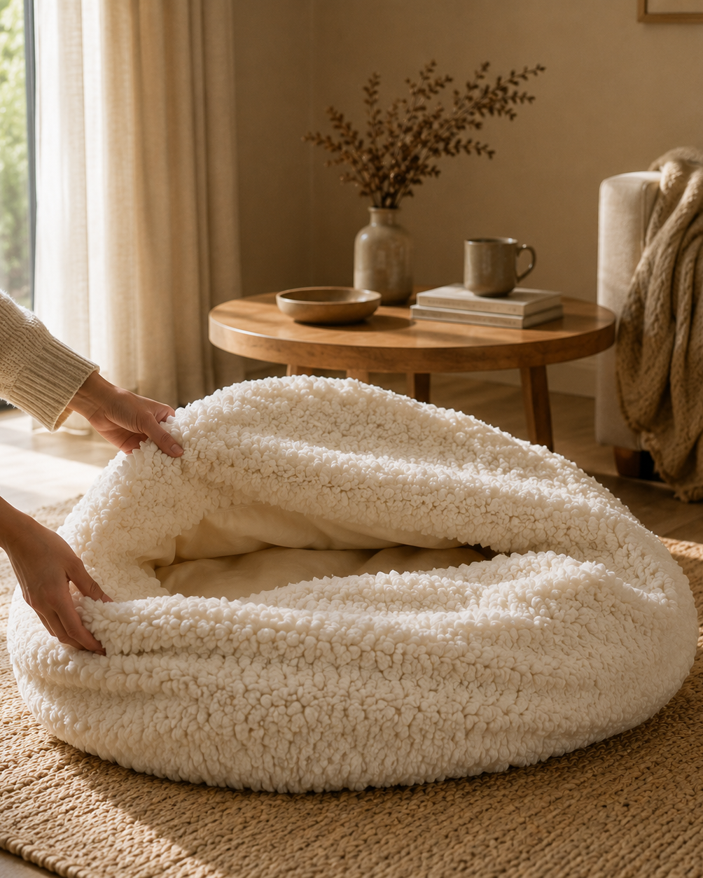 Ouverture du pouf Alba Mowana beige montrant le remplissage inclus et la housse douce effet fausse fourrure Image