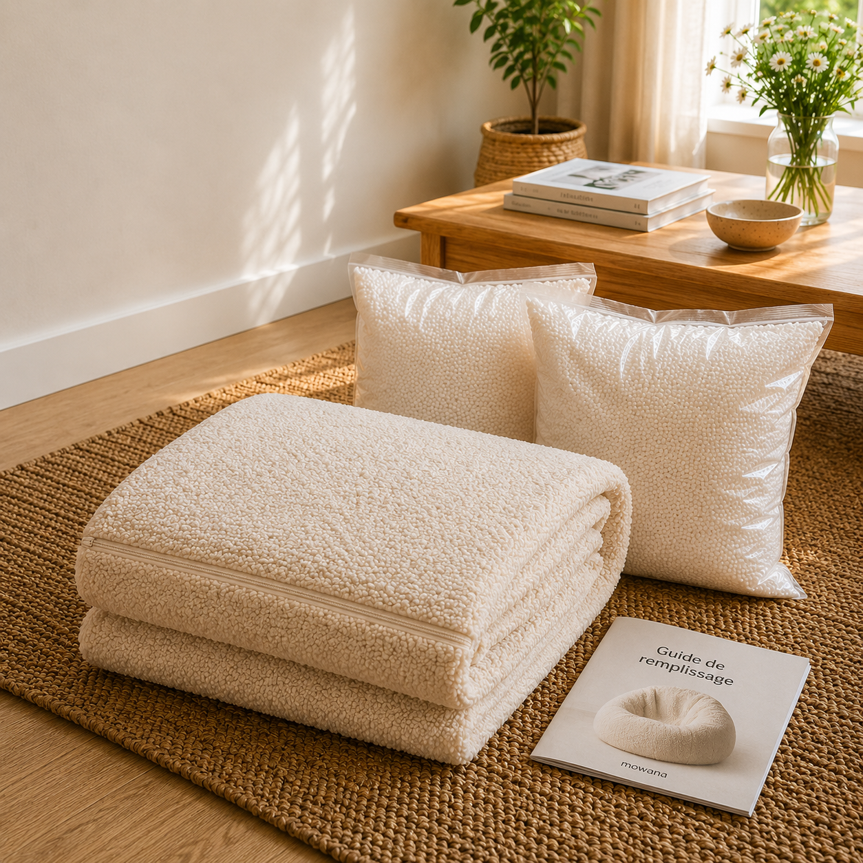 Pack complet du pouf Alba Mowana avec housse bouclée beige, billes de remplissage et guide d’installation dans un salon lumineux Image