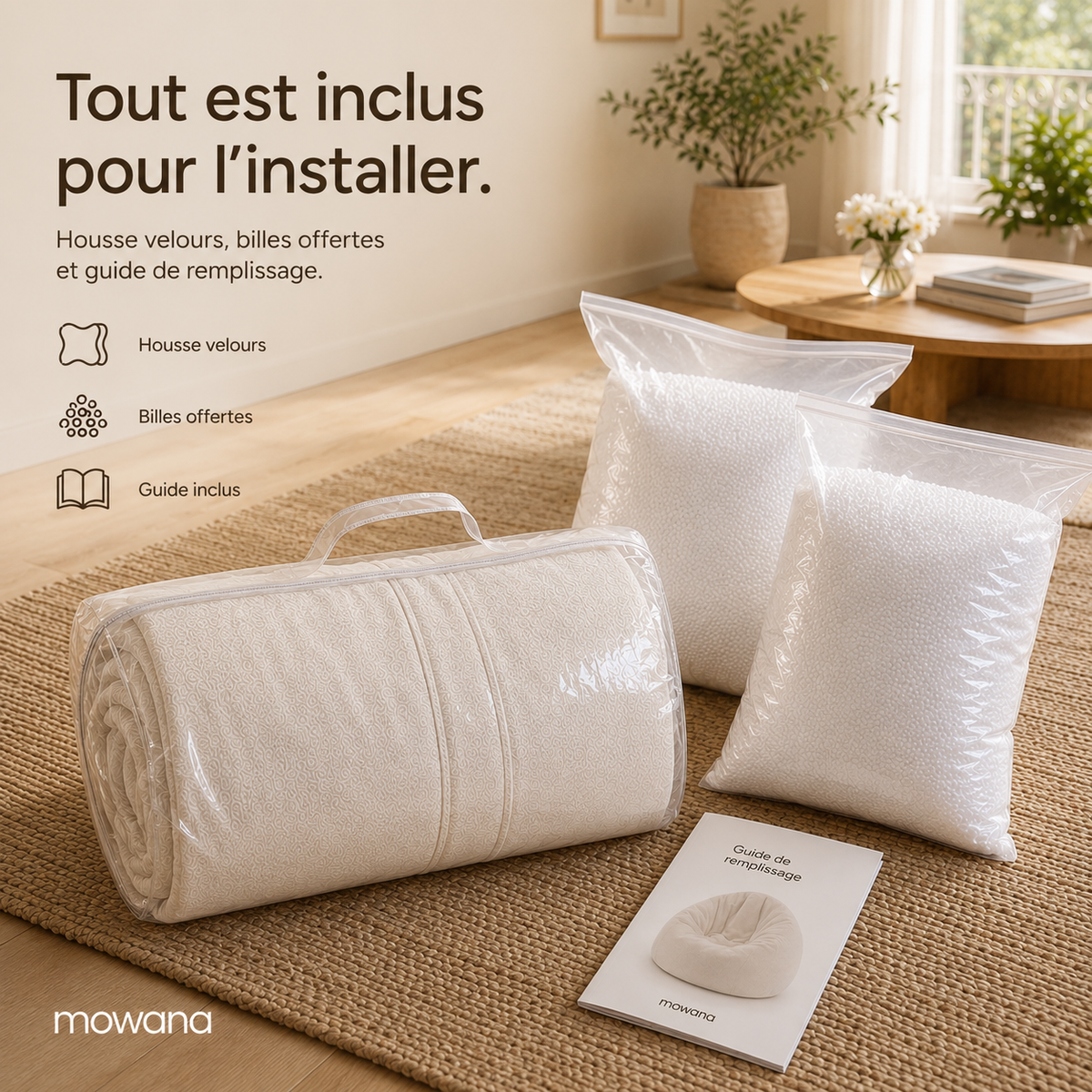 Pack complet pouf velours blanc Mowana avec billes de remplissage offertes et guide d’installation dans un salon lumineux beige