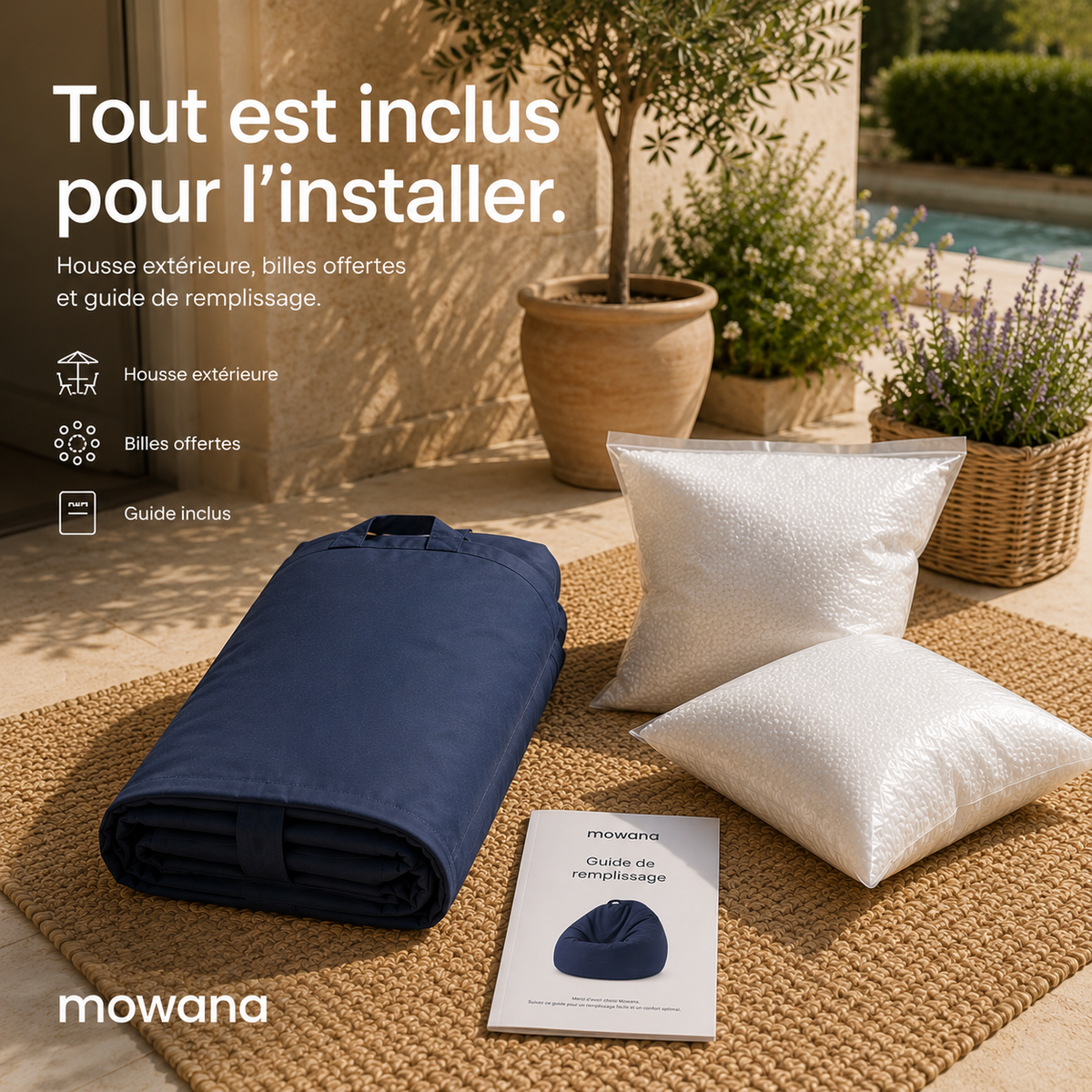 Pack confort Mowana avec housse extérieure imperméable, billes de polystyrène offertes et guide de remplissage sur terrasse ensoleillée