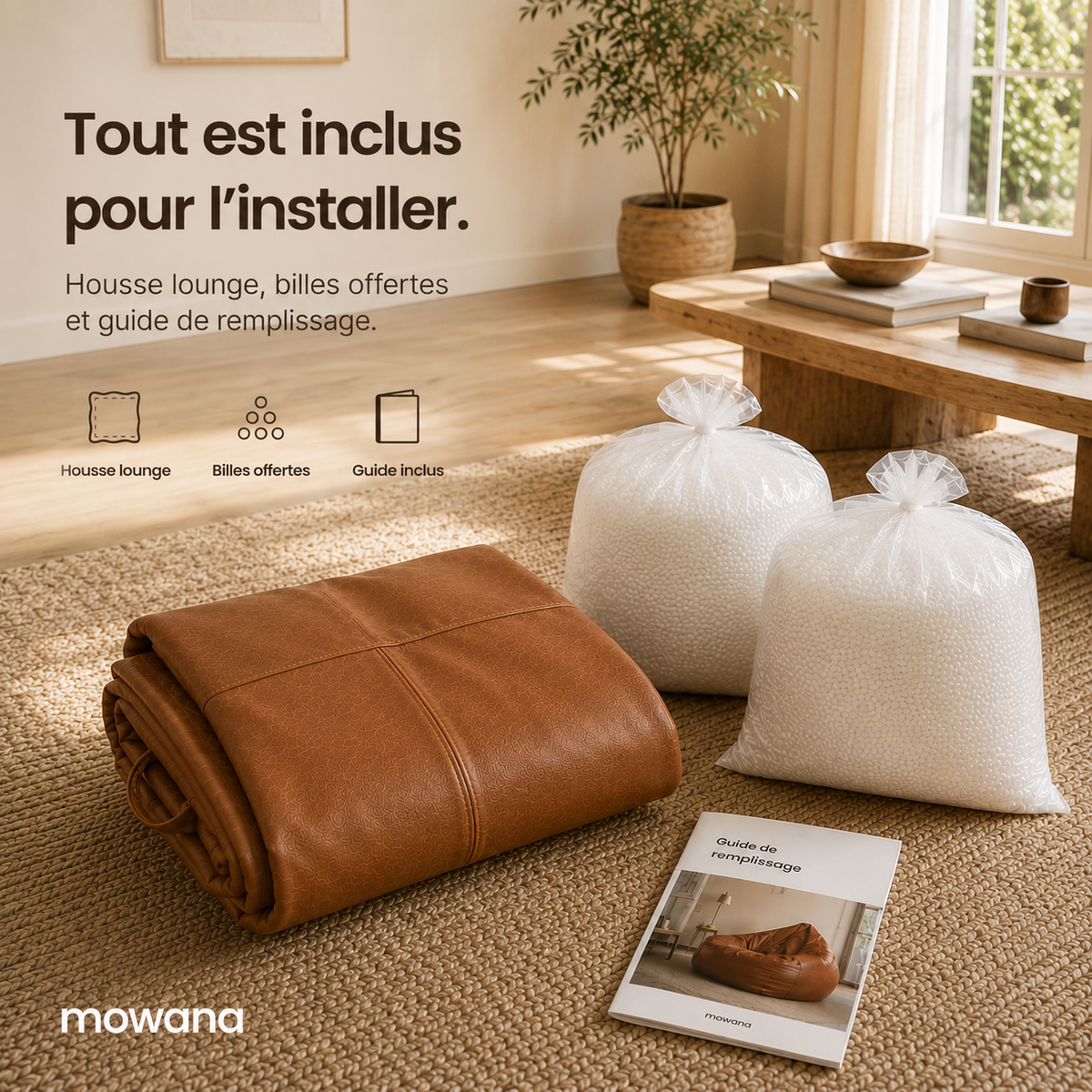 Pack confort du pouf lounge Mowana avec housse en simili cuir, billes de polystyrène offertes et guide de remplissage