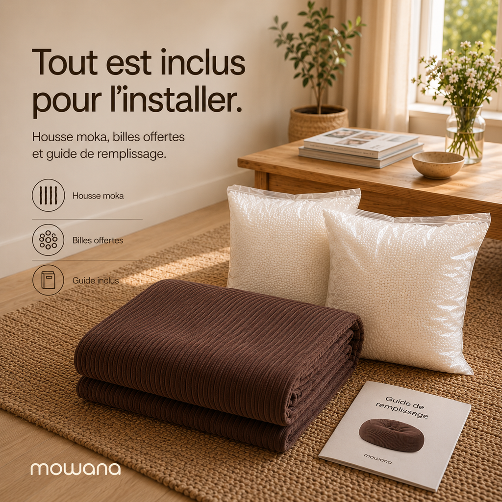 Pack confort du pouf moka Mowana avec housse côtelée, billes de polystyrène offertes et guide de remplissage
